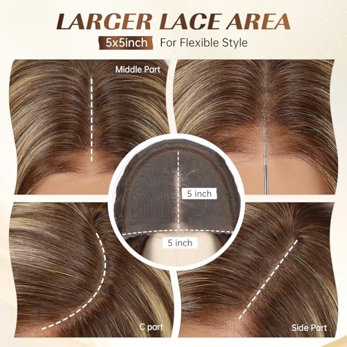 Image of KKU 16 Inch Brown Mixed Blonde Human Hair Wigs for Women,5x5 Lace Front Wigs Human Hair,wigs for women