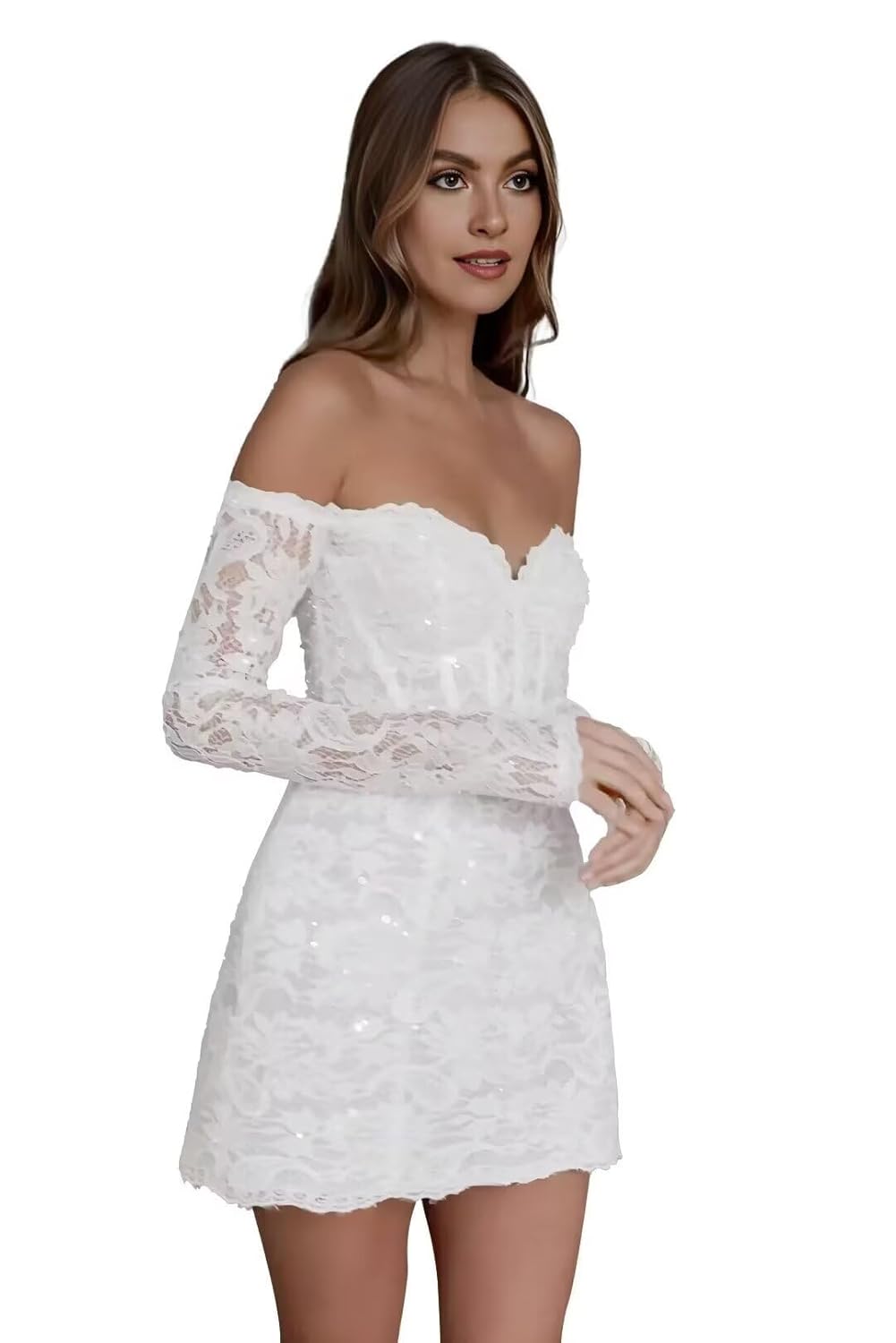 Womens Short Long Sleeves Wedding Dress for Bride Lace Vintage Mini Wedding Dresses for Women