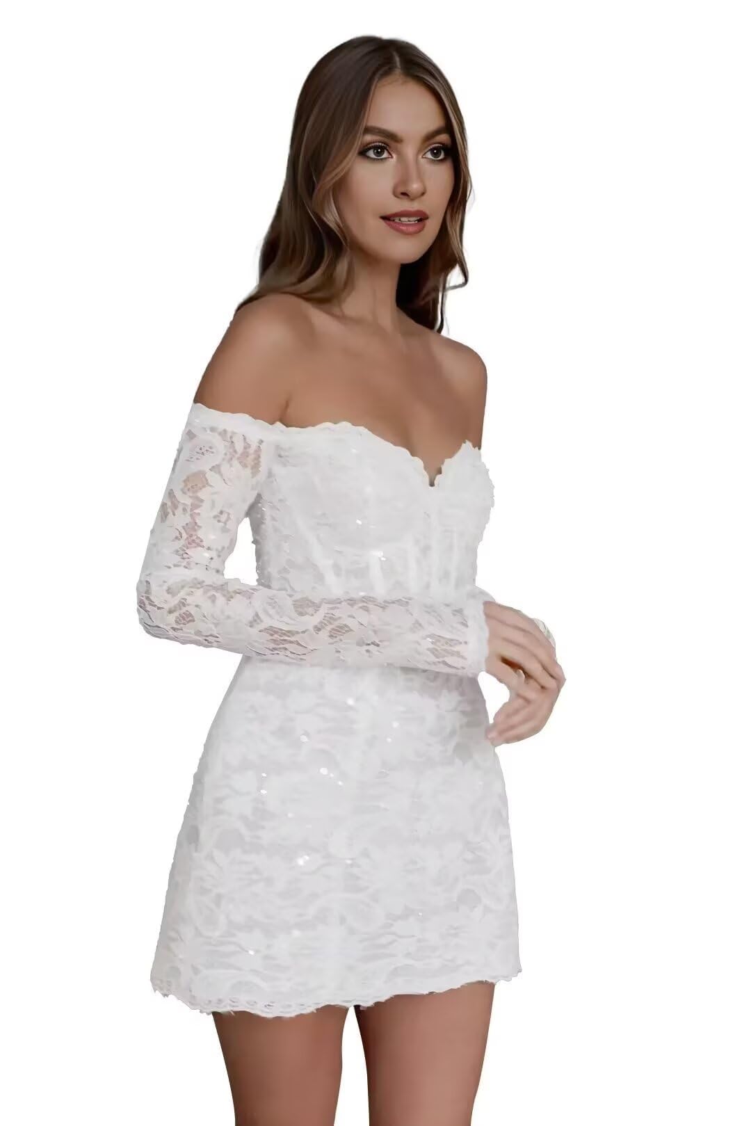 Womens Short Long Sleeves Wedding Dress for Bride Lace Vintage Mini Wedding Dresses for Women