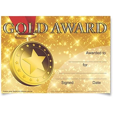 30 Gold Award certificates for school teachers, A5 silk finish card Cover
