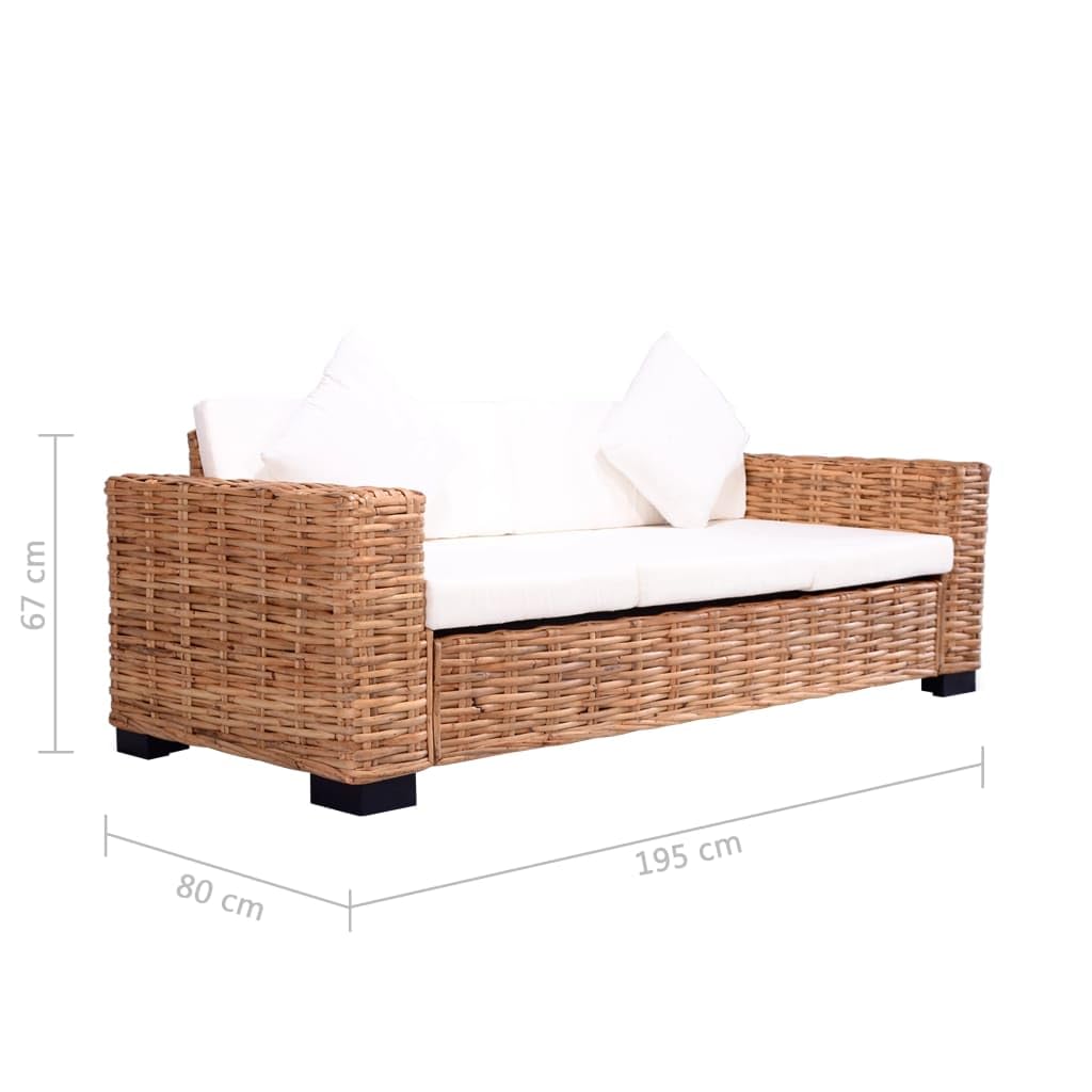 Divano da giardino 3 posti, in rattan naturale, telaio in legno di mango, cuscino bianco crema, 195 x 80 x 67 cm, resistente, facile da pulire, per giardino, terrazza, balcone