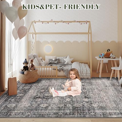 GarveeHome Area Rugs 3x5 Vintage Printed Floor Carpet with Non-Slip Backing, Stain-Resistant Oriental Throw Bedside Washable Farmhouse Low Pile Rugs for Living Room, Bedroom, Office, Green Camel