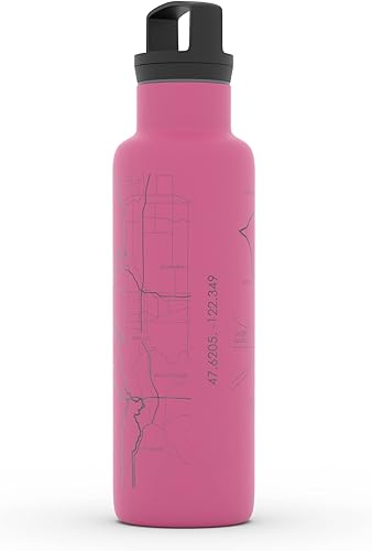 Miniatura 769 de Well Told Botella de agua aislada con mapa Chicago Illinois, grabado de acero inoxidable (21 onzas, gris muelle) botella aislada de mapa