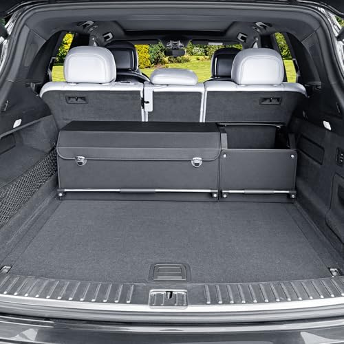 XCF 車 収納ボックストランク収納 75L大容量 サブボックス付き 仕切り可能 車用 収納ケース レザー製 無臭 防水 車用収納ボックス 組み立て簡単 丈夫な材質 耐摩耗 工具入れ 車 トランク 収納 (ブラック，104*29*31cm)