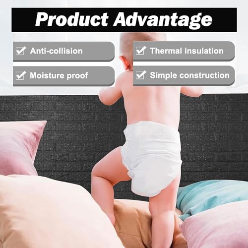 Image of 20 Pack Black Self-Adhesive Waterproof PE Foam 3D Wall Panels 4mm Thickness Wallpaper Sticker for Bathroom, Living Room, and Home Decoration, 70 x 77cm, Appx. 5.8 Sq Feet.