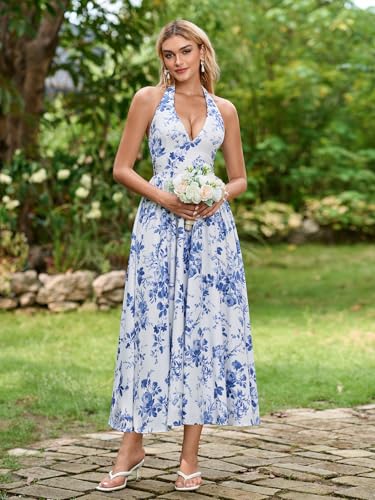 Image of Parthea Women's Gingham Halter V Neck Midi Dress Corset Smocked Sundress Flowy A Line Wedding Guest Dresses