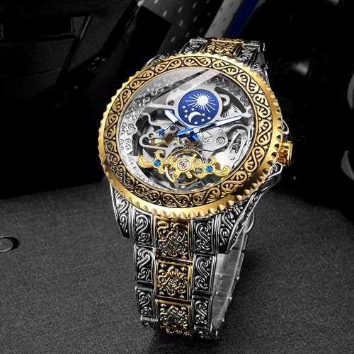 Image of Gute Men's Watch Retro Mechanical Skeleton Watch with Carved Automatic Tourbillon, Moon Phase, Independent Seconds, and Big Dial Design - Self-Wind Automatic Wrist Watches