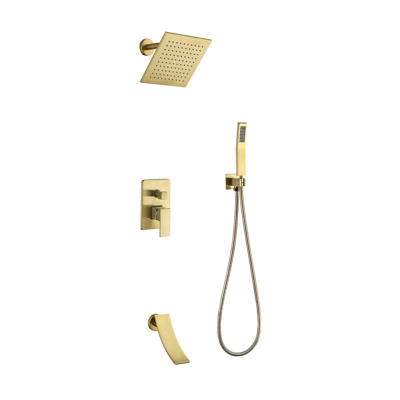 AYCDL Brushed Gold Shower Combo Set Wall Mounted Bathroom Shower Faucet Set with 8 Inches Shower Head, Handheld Shower, Waterfall Bathtub Faucet