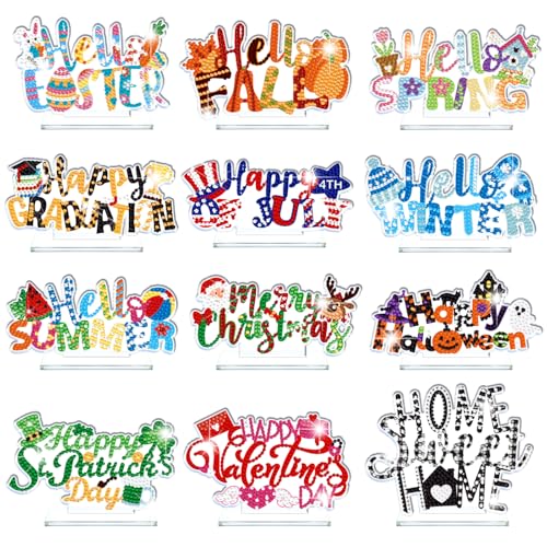 YooNotee 12 Sets Interchangeable Seasonal Diamond Art Tabletop Decorations Holiday Diamond Art Painting Kit with 12 Acrylic Base for Table Tiered Tray Decor Craft Graduation Centerpiece (Word)