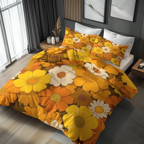 Generisch Gelb Blumen Bettwäsche 135x200 Bügelfreie - Retro Floral Muster, Renforce Wendebettwäsche Bettbezug 2er Set Cozy Mikrofaser Mit...