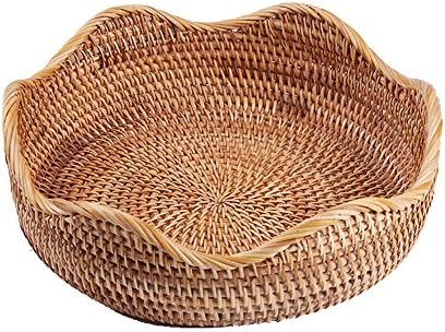 AMOLOLO Handmade Rattan Round Fruit Basket Food Storage Bowls Kitchen Organizer Snack Serving Bowl Wavy Edge Circle Tray Basket, Boho Home Décor Display Tray for Table, Dining Room (Medium 10.2")
