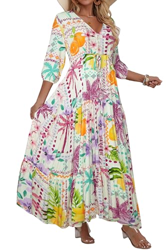 Image of Women Short Sleeve V Neck Floral Print Casual Bohemian Maxi Dresses
