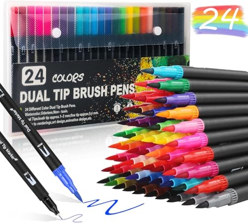Image of Dual Tip Brush & Fine Tip Drawing Pens | Water-Based Coloring Markers for Art, Sketching, Calligraphy & DIY Crafts | Vibrant, Smooth Ink Set (Model-1)