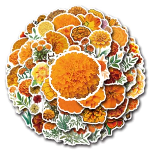 MUYINGZHUO Flower: Marigolds Stickers 50PCs Pack Waterproof Vinyl Decals for Laptop Hydro Flask Water Bottle Phone Stickers for Teens Durable Party Supply Decals as Gifts (Marigold)
