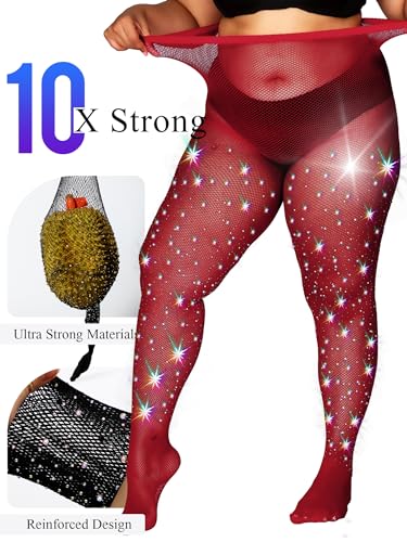Image of HONENNA Queen Plus Size 10X Strong Rhinestone Fishnet Stockings, Ultra Sparkly High Waist Tights for Women, Party Concert