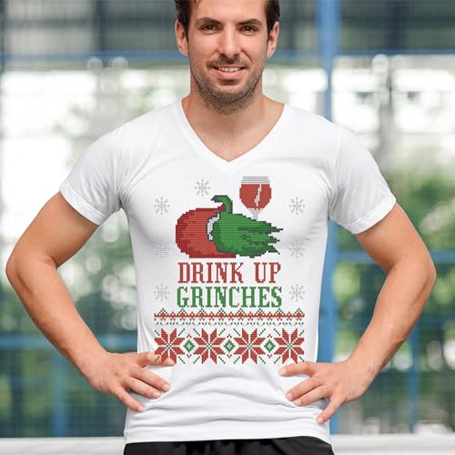 Camiseta com gola V Drink Up Grinches Ugly Sweater Christmas Party Drinking Tee, Branco, M