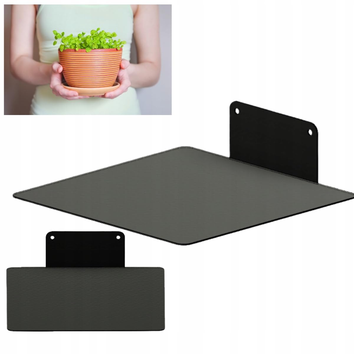 Étagère murale carrée métal noir support pot de fleurs et plante