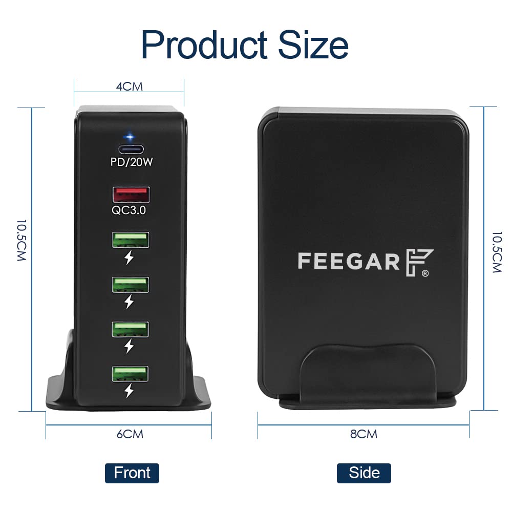 Stacja ładująca Feegar Tower 86W USB 6-portowa ładowarka sieciowa na biurko, przenośna wieloportowa ładowarka USB z 6 USB-A i USB-C PD Quick Charge QC 3.0