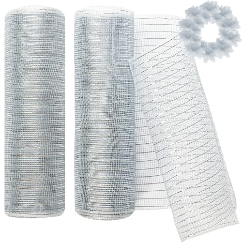 クリスマスメッシュリボン2ロール10インチ 10ヤード(30フィート)メタリックホイルデコメッシュリボン リース クリスマスツリー 感謝祭 秋 ハロウィン 装飾メッシュ生地 シルバー