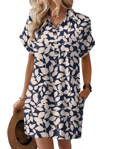 Image of HOTOUCH Womens Summer Shirt Dress 2026 Short Sleeve Floral Shift Dress Casual Loose Flowy Beach Sundress with Pockets