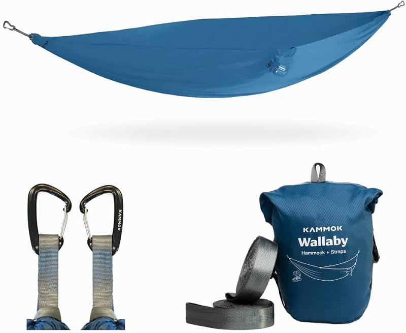 Kammok Wallaby Hamaca ligera con correas – Hamaca portátil para patio, parque, camping, campus, patios o senderismo – Construida para uso diario – Nylon Ripstop duradero, fácil instalación – Azul Glaciar