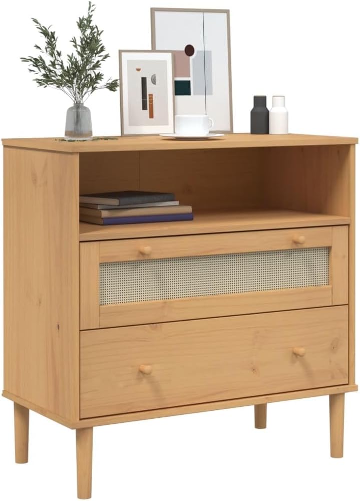 Solid Pine Wood Sideboard with Rattan Details in Warm Brown Finish, 3 Compartments and 2 Drawers for Ample Storage, Modern Bohemian Furniture for Living Room Hallway