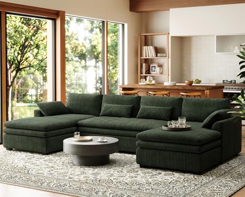 Belffin Large Modular Sectional Sofa with Double Deep Chaise, 135" Corduroy U Shaped Sectional Couch with 9" Soft Dual-Layer 6 Seats U Shaped Couch for Living Room, Apartment, Green - Image 4