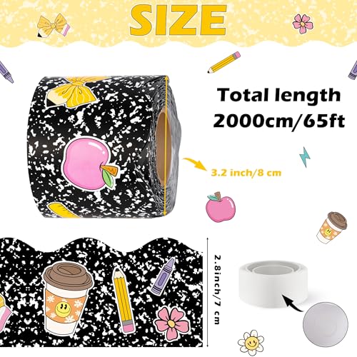 Image of BeYumi Composition Rolled Border Trim - 65ft Back to School Composition Pencil Bow Scalloped Rolled Border Trim Ruler Apple Bulletin Board Set School Classroom Office Chalkboard Party Holiday Decor