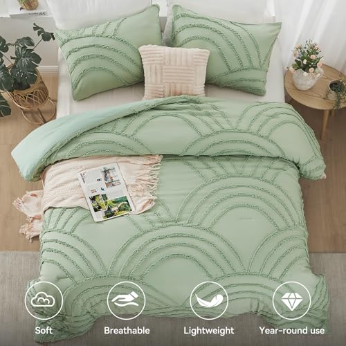 Image of ENJOHOS Sage Green Full Comforter Set for College Girls - Boho Tufted Rainbow Comforter Full Size, 3 Pc Rainbow Bedding for All Season, Lightweight Soft Microfiber Comforter with 2 Pillowcase