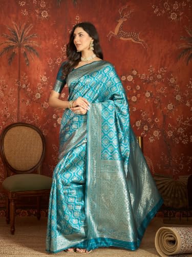Image of Elegant Banarasi Silk Blend Saree with Gold Zari Woven Floral Border