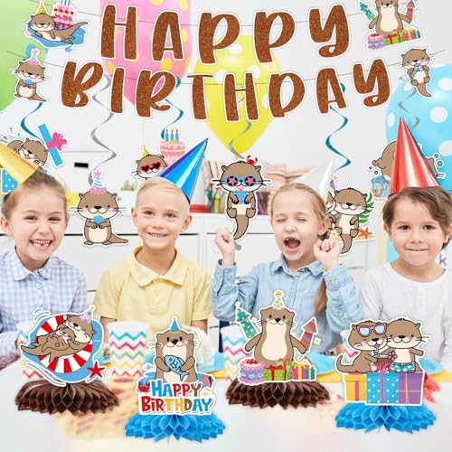 Image of Otter Birthday Party Decorations - 12PCS Sea Otter Party Decorations Happy Birthday Banners Hanging Swirls Honeycomb Centerpieces Under the Sea Ocean Animal Themed Supplies Decor