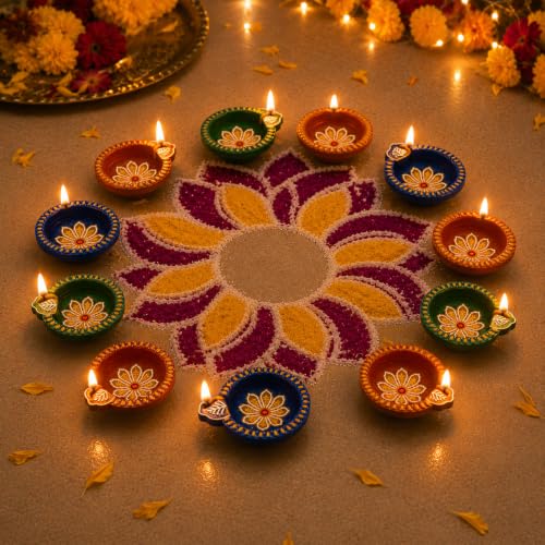 Image of Pure Source India Decorative Terracotta Handmade Design Diya Suitable for Diwali, Festive Occasion, Pooja /Mandir /Temple (3 X 3.5 X 1 INCH) (Multicolour) (8 PCS)