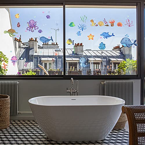 YunBey Wandtattoo Badezimmer, Unter dem Meer Wandaufkleber, Meerestiere Fische Korallen Fensteraufkleber Wasserfest Wandsticker für Küche, Kinderzimmer, Bad