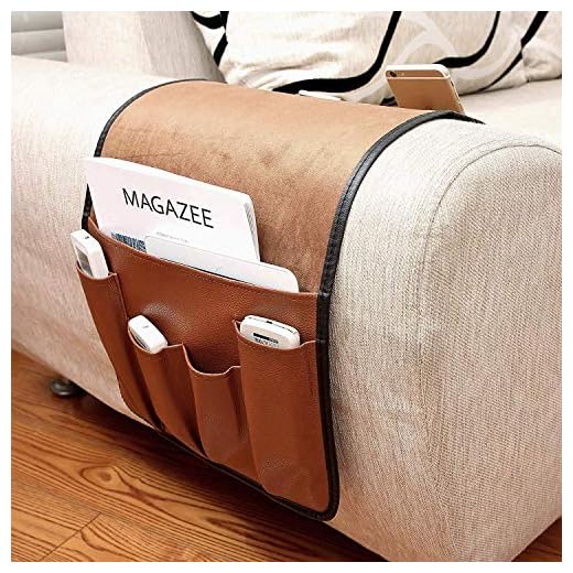 No-slip Leather Sofa Couch Remote Control Holder Chair Armrest Caddy Pocket Organizer Storage Bag for Cellphone Tablet Notepad Book Magazines DVD Eyewears Drinker Snacks Holder Pouch