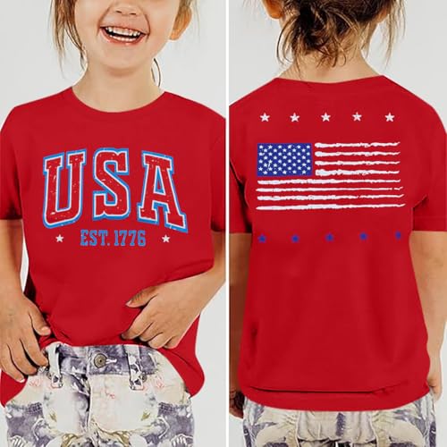 Girls 4th of July Shirt USA T-Shirt for Kids American Flag Shirt 250 Years of Freedom Short-Sleeved Top