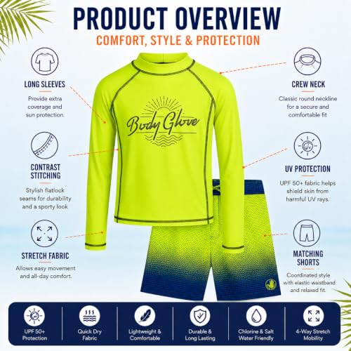 Image of Body Glove Boys Swim Set - 2 Piece Boys Swim Trunks with Rash Guard UV Protection Swimsuit Kids Bathing Suits (Sizes 4-12)