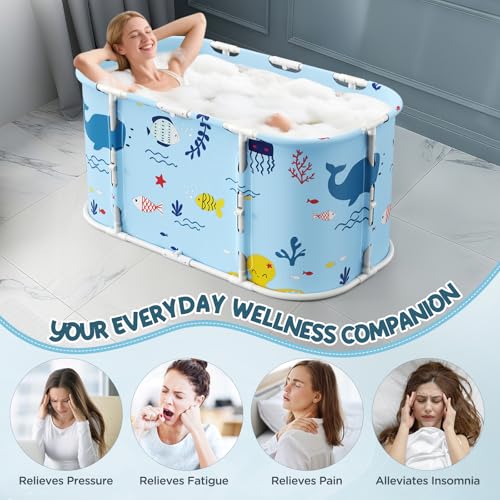 Faltbare Badewanne für Dusche, 92L x57W x 56H cm, freistehende Badewanne mit Sitz, Warmwasserdusche, Eisbad, Sauna, Massagewanne, tragbares Eisbad für Erwachsene (hellblau Ozean-Stil)