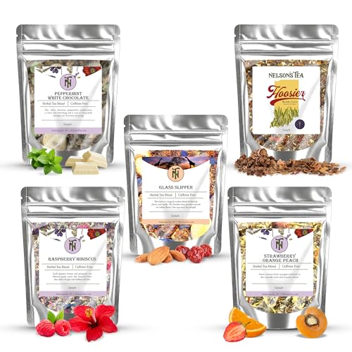 Nelson's Tea Caffeine Free Sampler Pack - Loose Leaf Tea Sampler - Peppermint White Chocolate, Glass Slipper, Hoosier Kettle Corn, Raspberry Hibiscus, Strawberry Orange Peach - Sample Sizes