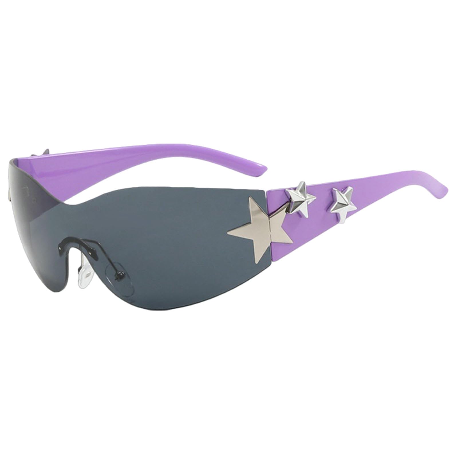 Gyios Women's Purple Temples/Black-Gray Lenses Sunglasses Rimless Star For Men, Oversized Wrap Around Shades One Piece Unisex