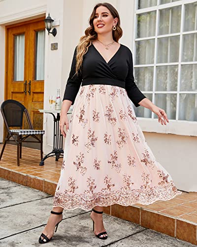 image for GRAPENT Women's Plus Size Sequin 3/4 Sleeves Evening Gown Party Long M