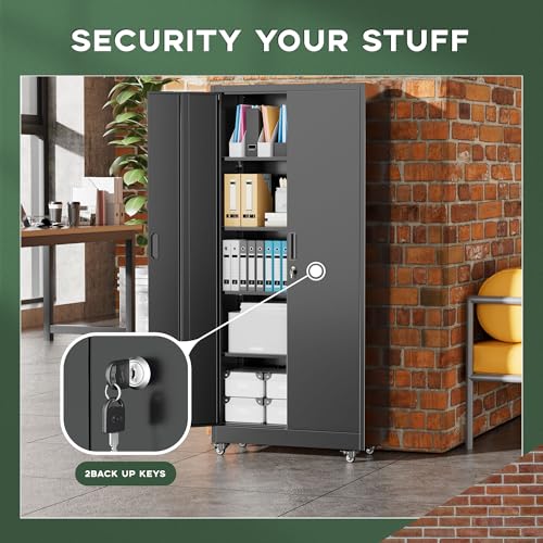 Image of Greenvelly Metal Storage Cabinet with Wheels, 73 inch Black Lockable Rolling Storage Cabinets with Doors and 4 Adjustable Shelves, Large Steel Cabinet for Garage, Office, Home, School