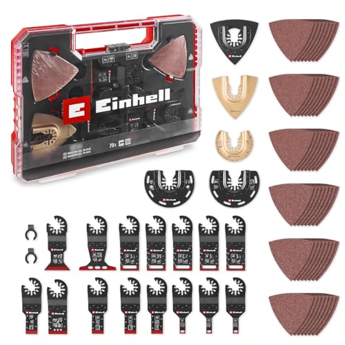 Original Einhell XXL-CASE 70 pcs. Multitool-Set (Lames de scie plongeantes BiM/CrV, Lames de scie demi-rondes HCS/HM/BiM, Râpe Delta HM, Plateau support Delta, Papier...