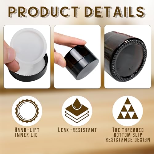 64 Pcs 1oz Glass Jars with Lids, Small Cosmetic Containers Bulk Amber Tins Glass with Inner Liners, Facial Mask Spoons, and Labels for Travel Lotions, Creams, and Candles (Black Lid)