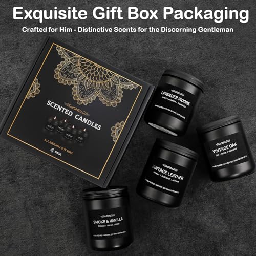 Scented Candle Set, Men Candle Set, Scented Candles for Home, Gifts for Men, 4 Pack Manly Candles Gifts for Mens Scents of Smoke Vanilla/Leather/Oak/Lavender Wood - Image 5