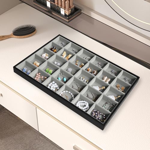 Image of Wudygirl Jewelry Organizer 30 Grid Jewelry Tray with Lid Earring Holder Organizer for Women Ring Earring Bracelet Holder Storage (Pu Black Gray)