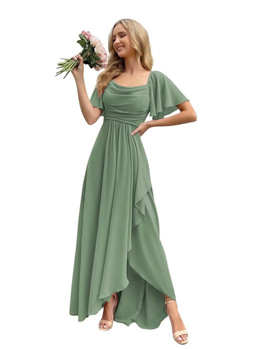 Damen Kurzarm Brautjungfernkleider Lang Chiffon Abendkleid Rüschen A Line Formelles Maxi Festkleid Für Hochzeitsgast