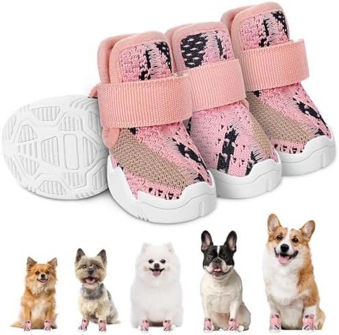 SlowTon Dog Shoes for Small Size Dogs - Soft Rubber Sole Dog Boots & Paw Protector for Summer Hot Pavement Winter Snow, Breathable Booties for Outdoor Walking Indoor Hardwood Floor, Pink, 1