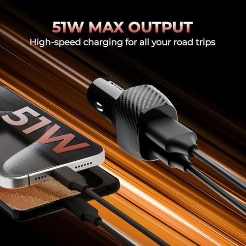 Image of Kratos 51W Fast Car Charger with Dual Output, 51 Watts Total (28W USB + 25W Type C PD), Fast Charging, Adapter for iPhone & Android Smartphones and Tablets (Black)