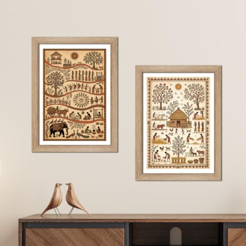 Image of TenorArts Traditional Tribal Folk Art Photo Frame Set of 2 , Indian Rural Arts Decor Wall Hanging Painting For Bedroom Living Room Cafe and Home decor / Minimal Drawing Framed Posters for Decoration (9x12 inches) [T2P-04T]