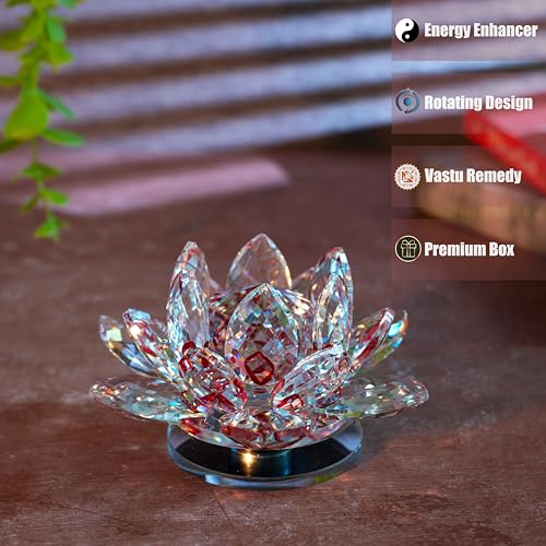 Image of Feng Shui Crystal Lotus Flower Showpiece & Paperweight | Vastu Decor for Home & Office | Desk Decoration | Fengshui Items for Positive Energy, Wealth & Gifting | Red (Medium-10.5 x 5.5 CM)